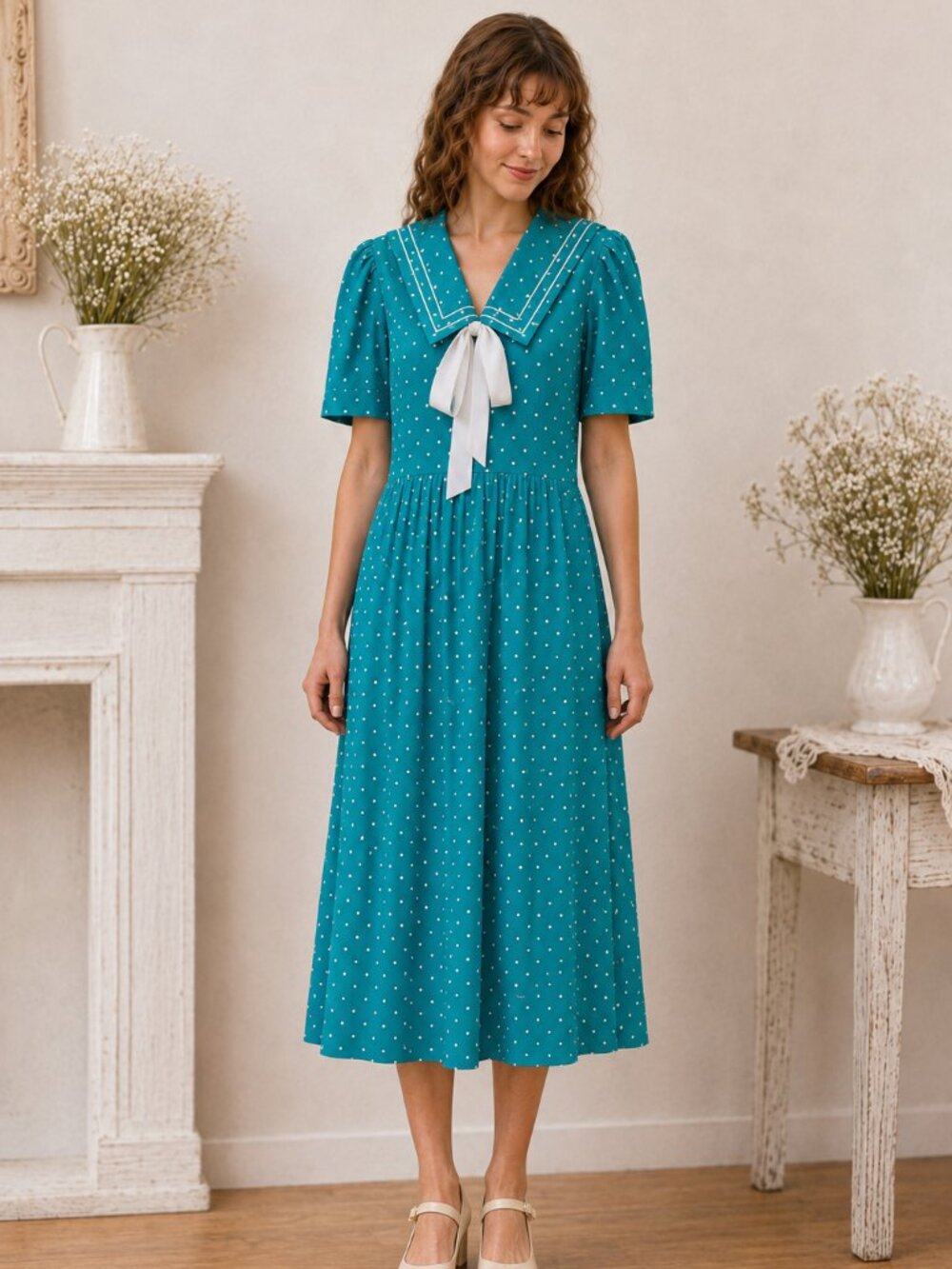 Vintage Laura Ashley 1980s Aqua Polka Dot Cotton Sailor Dress Sz 8